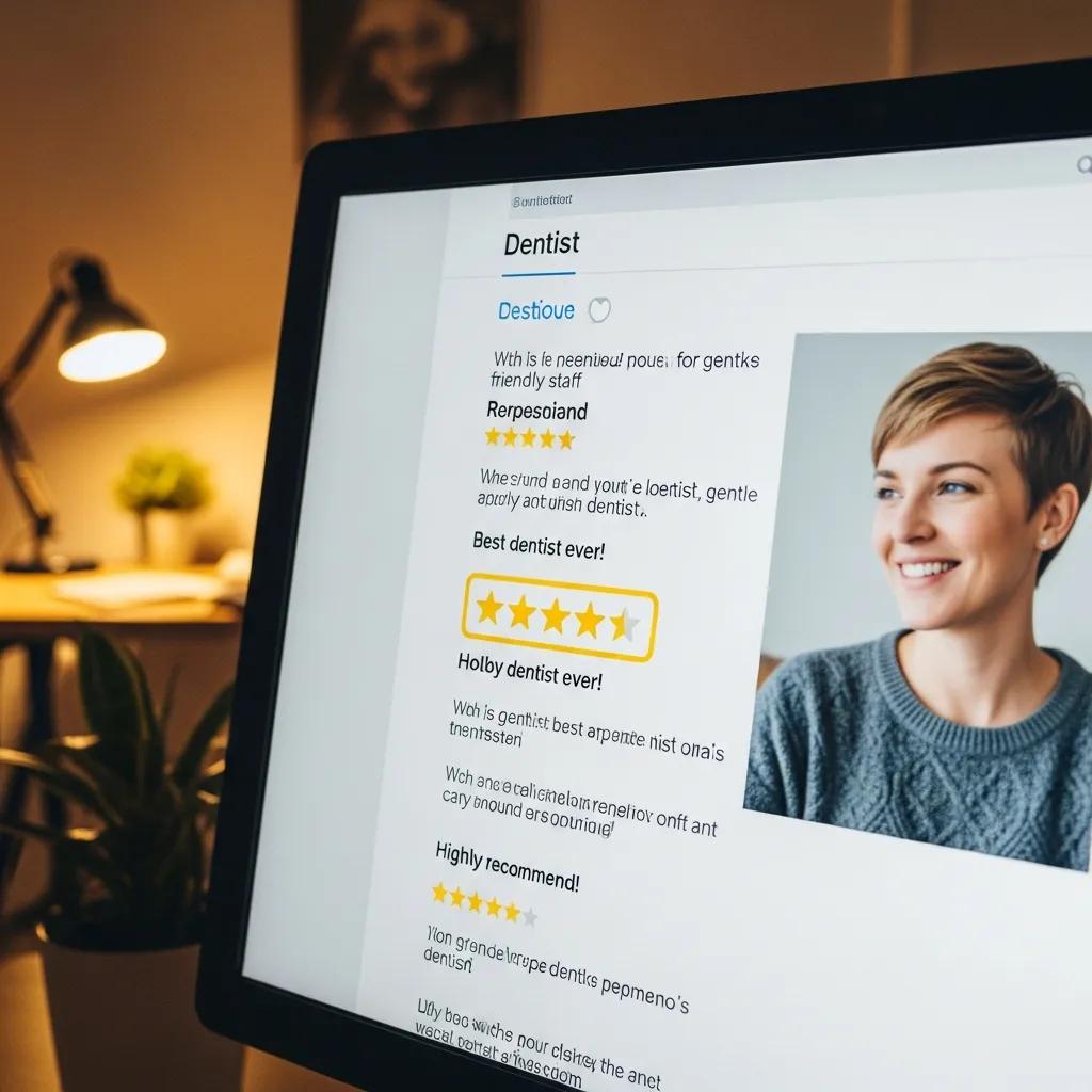 Close-up de uma tela de computador com avalia&ccedil;&otilde;es positivas online de dentistas e uma pessoa satisfeita ao fundo