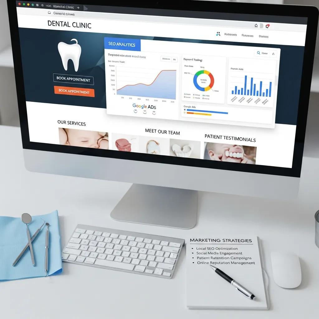 Computer screen showing SEO analytics for a dental clinic website