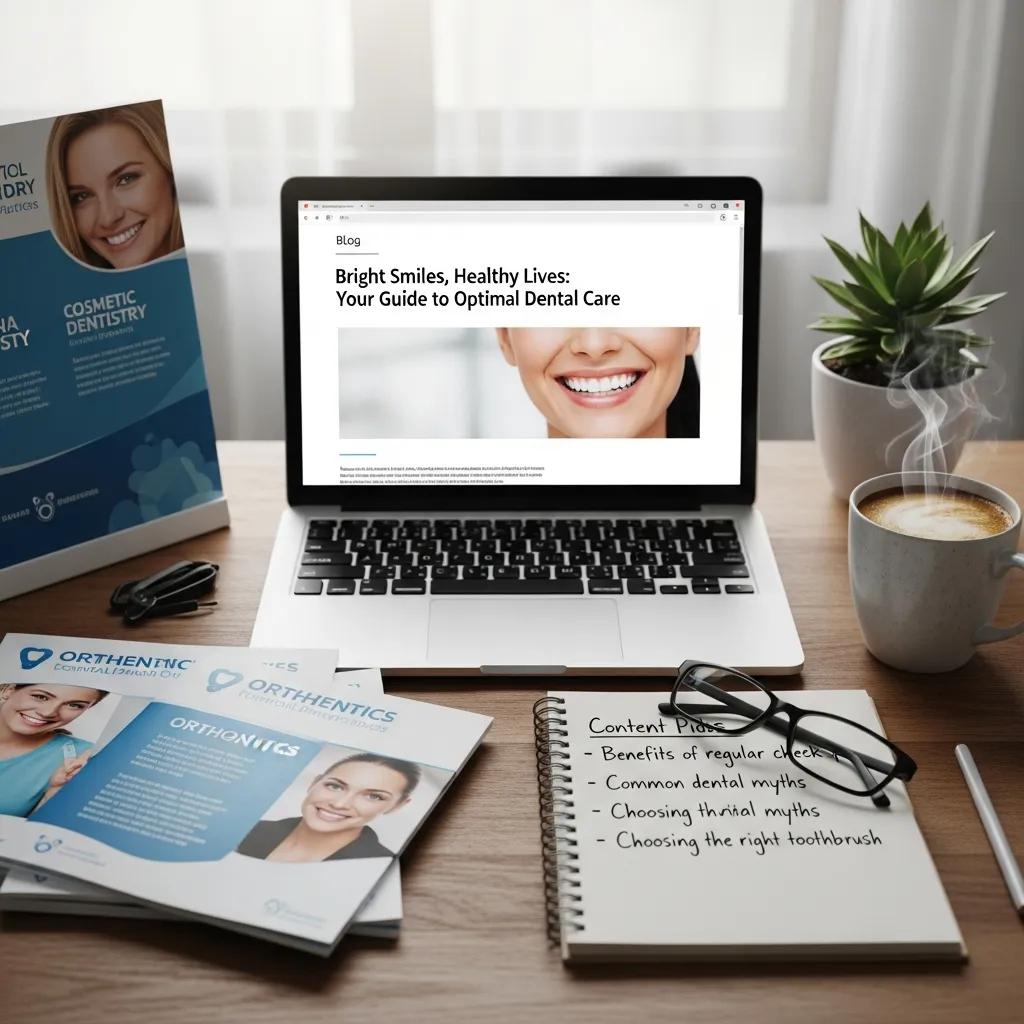 Content marketing strategy for dentists with a laptop displaying dental care blog post and related materials