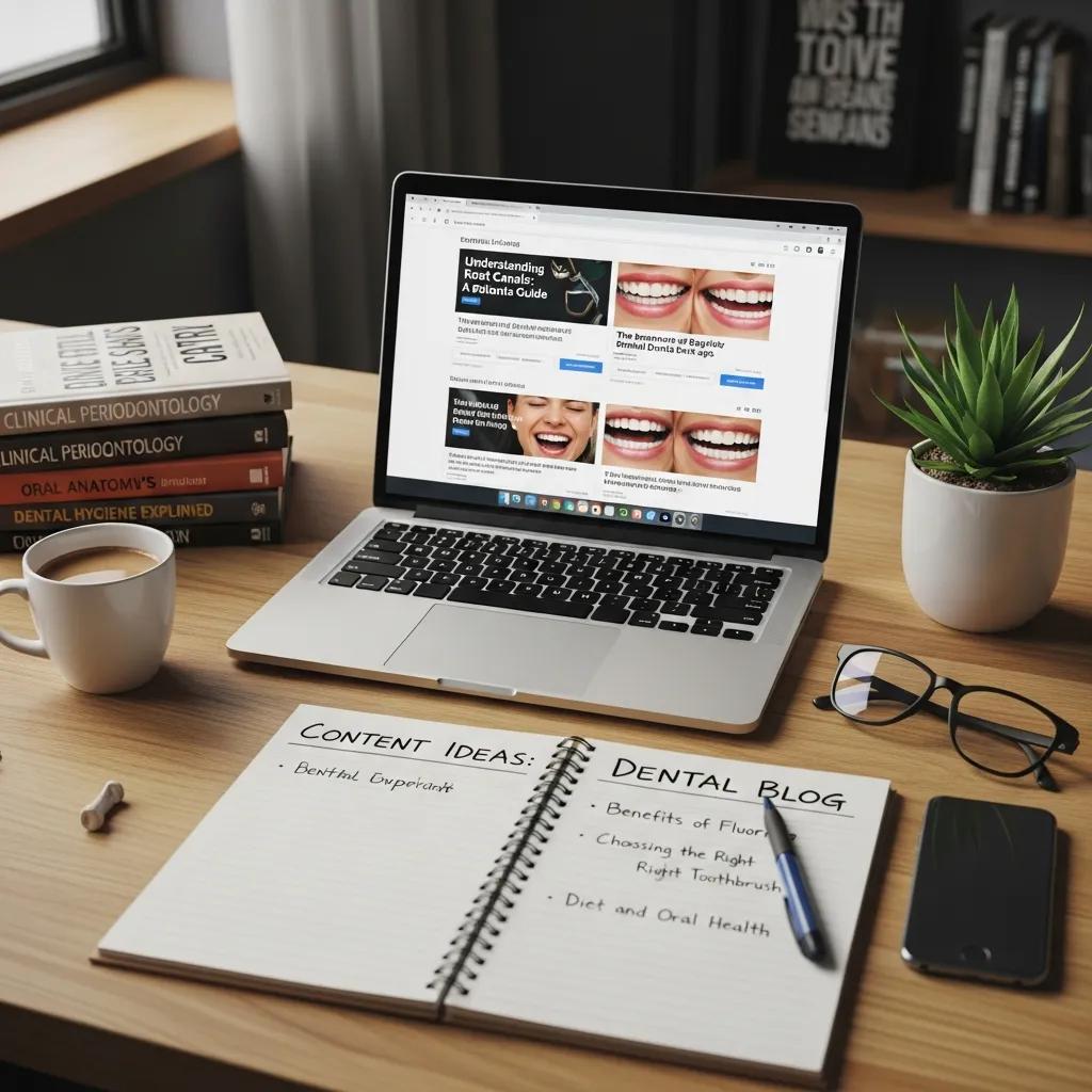 Creative workspace for dental content creation with laptop and books