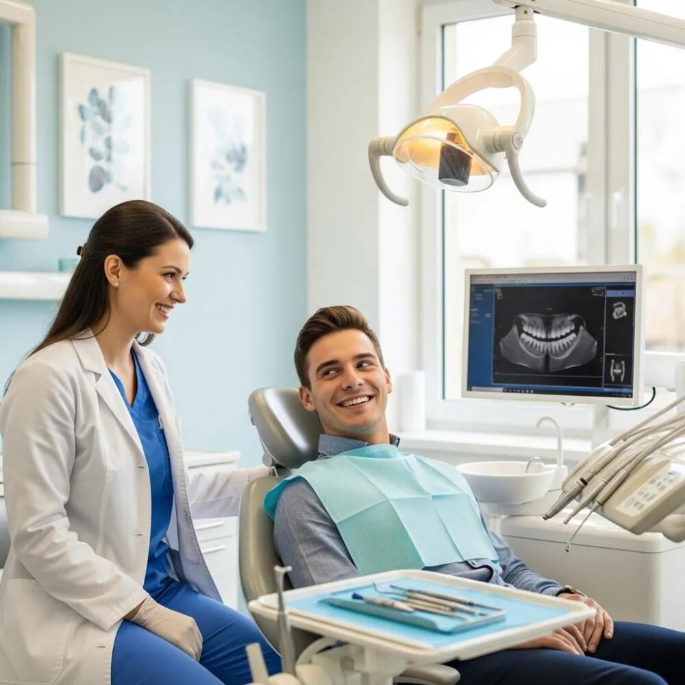 Dental clinic scene with a dentist and patient, emphasizing patient attraction through effective marketing
