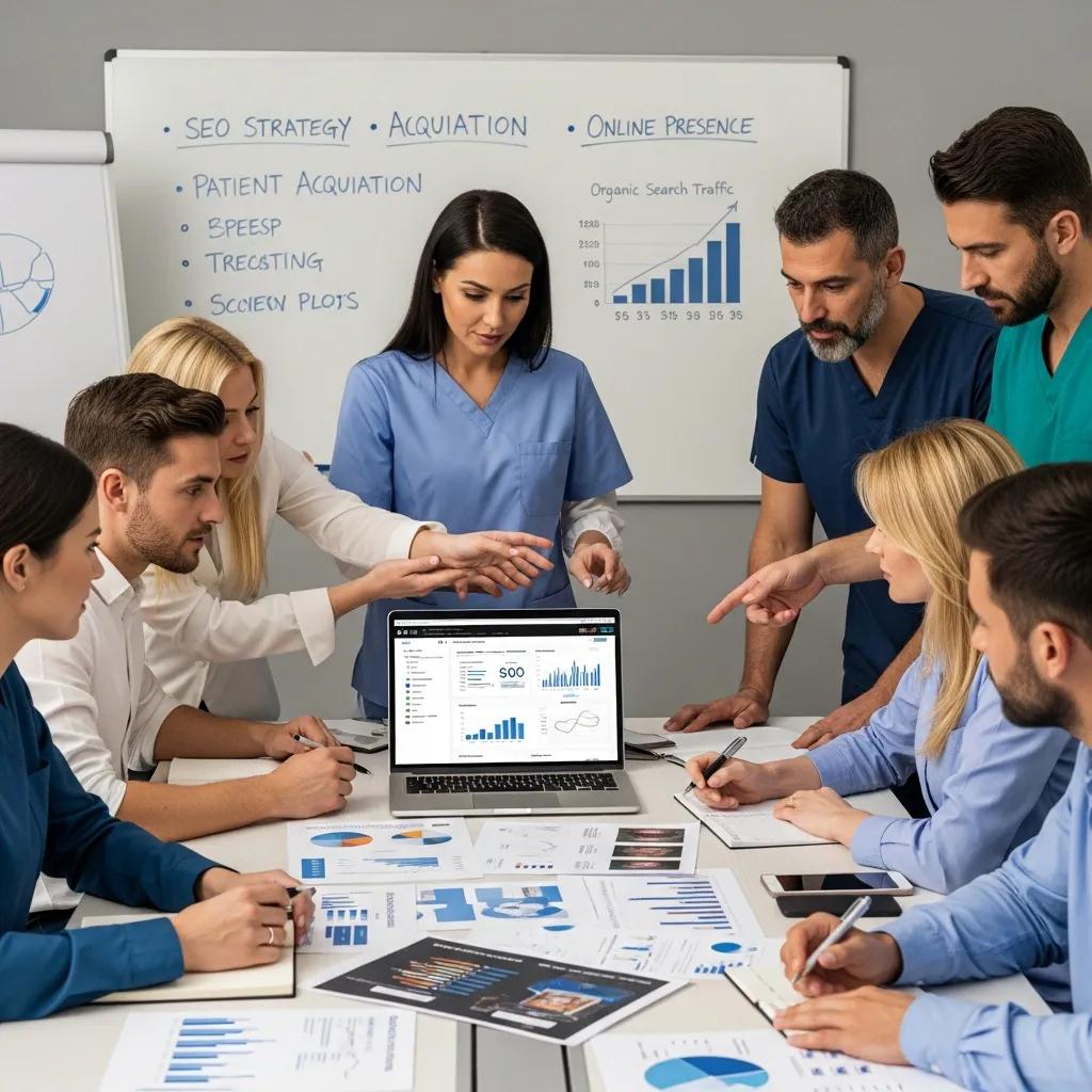 Dental clinic team in a marketing strategy meeting discussing SEO benefits for their practice