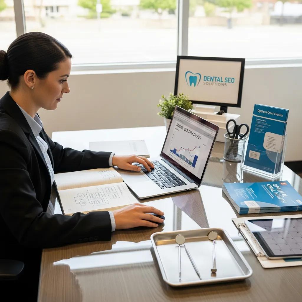 Dental consultant optimizing SEO strategies in a modern dental office