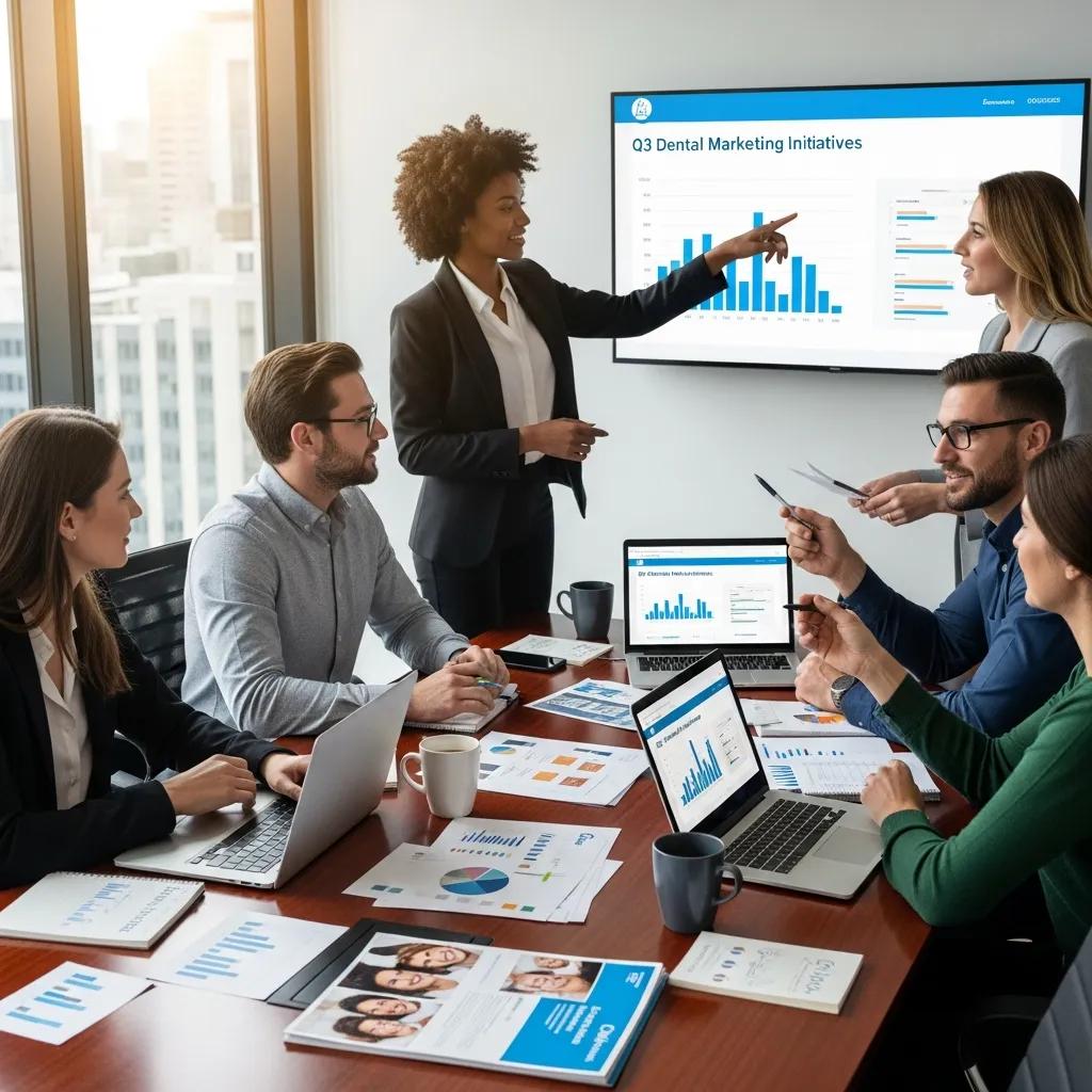 Dental marketing strategy meeting with a diverse team discussing SEO and digital marketing tactics