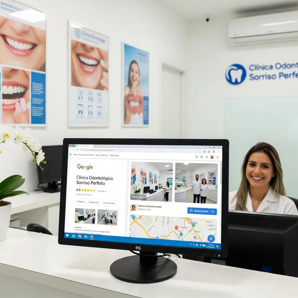 Dental office showcasing Google Meu Neg&oacute;cio profile on a computer, illustrating local SEO strategies for dentists