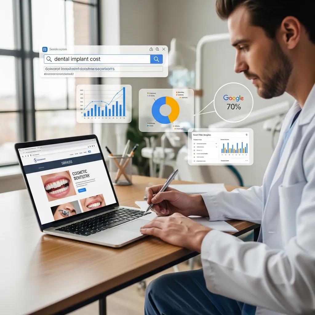 Dental professional analyzing website SEO strategies, emphasizing content optimization for dental practices