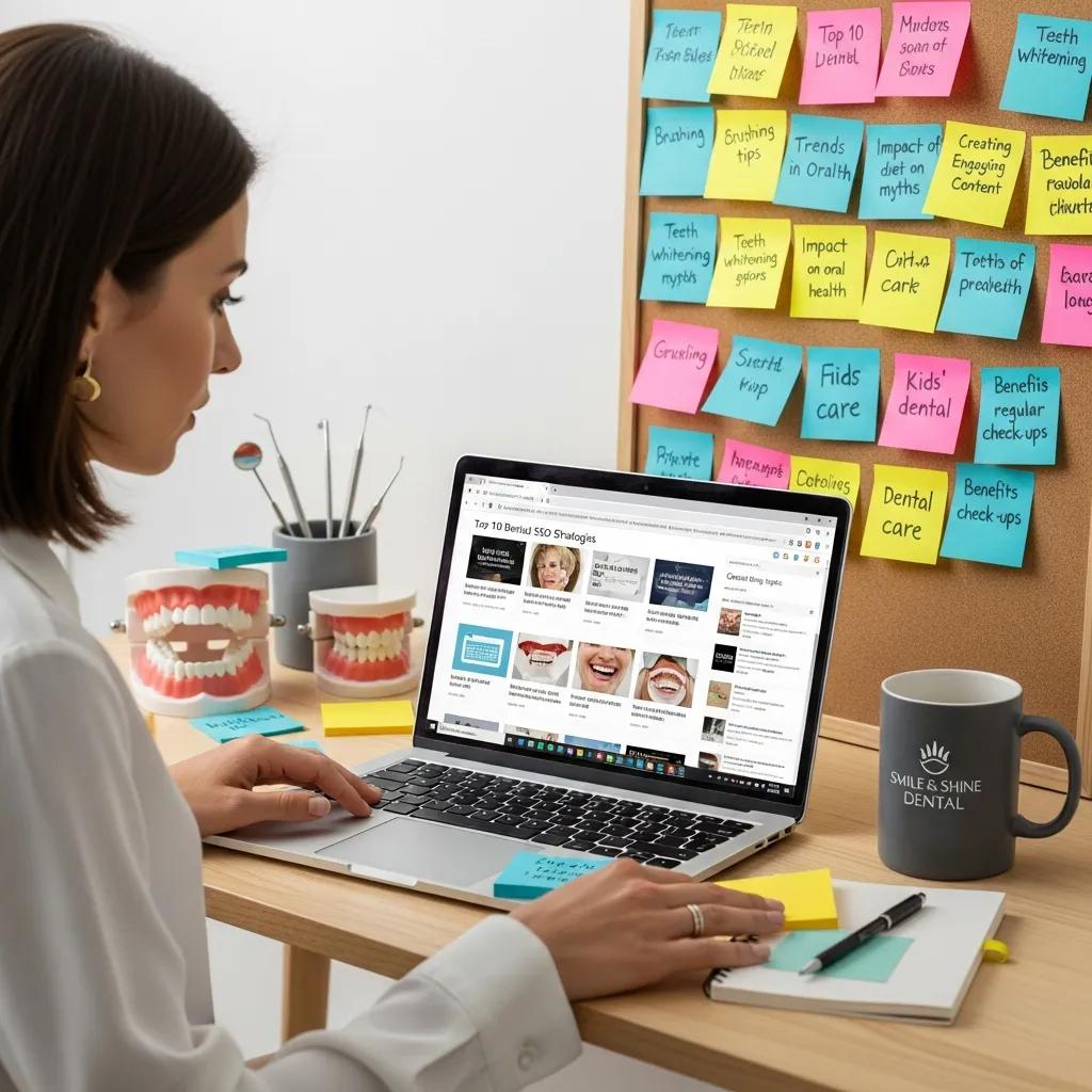 Dental professional brainstorming content ideas for a blog in a creative workspace