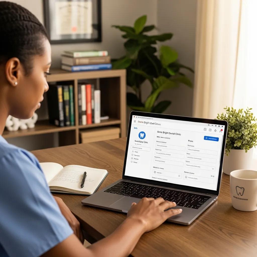 Dental professional optimizing Google My Business profile in a cozy office