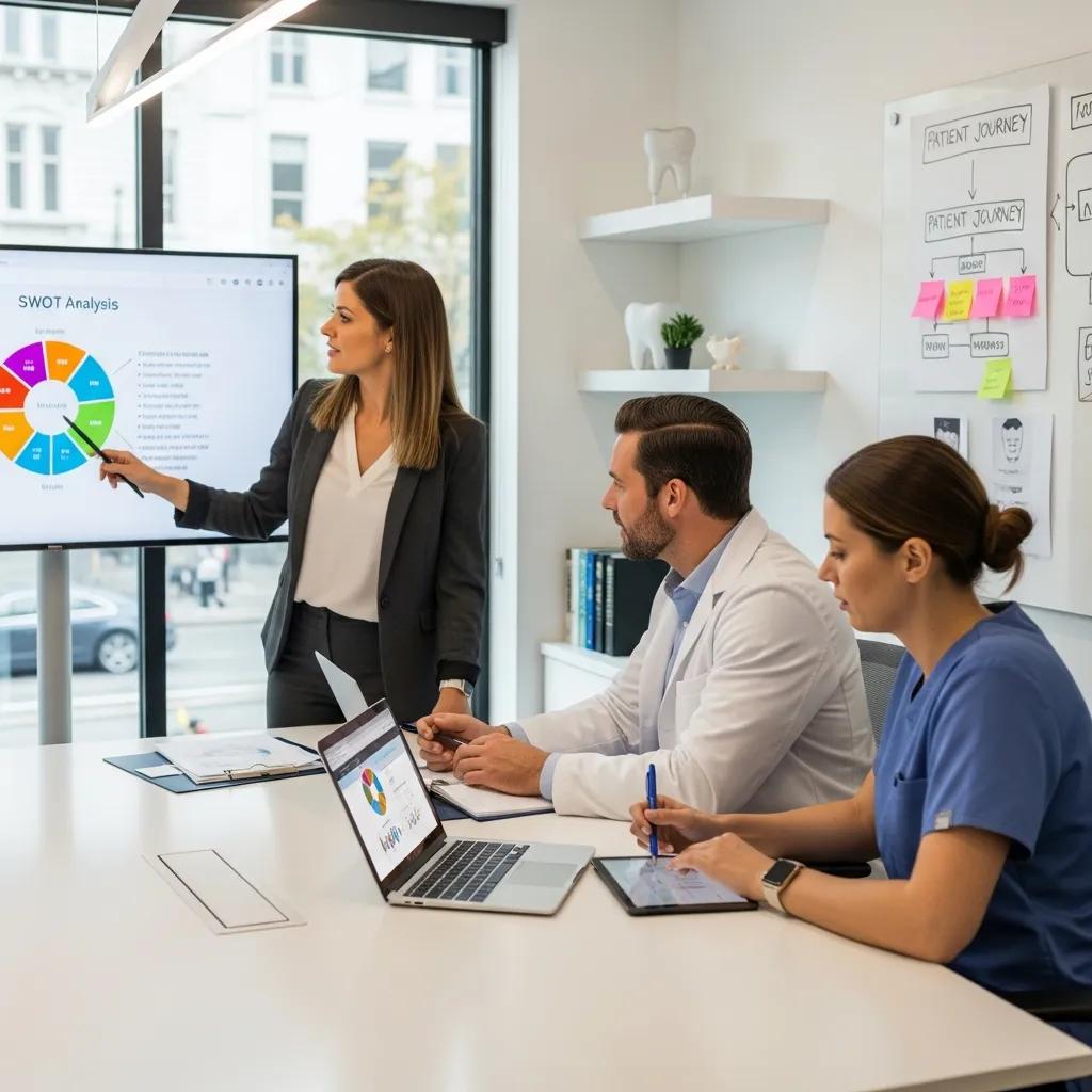 Dental professionals collaborating on digital marketing strategies to attract more patients