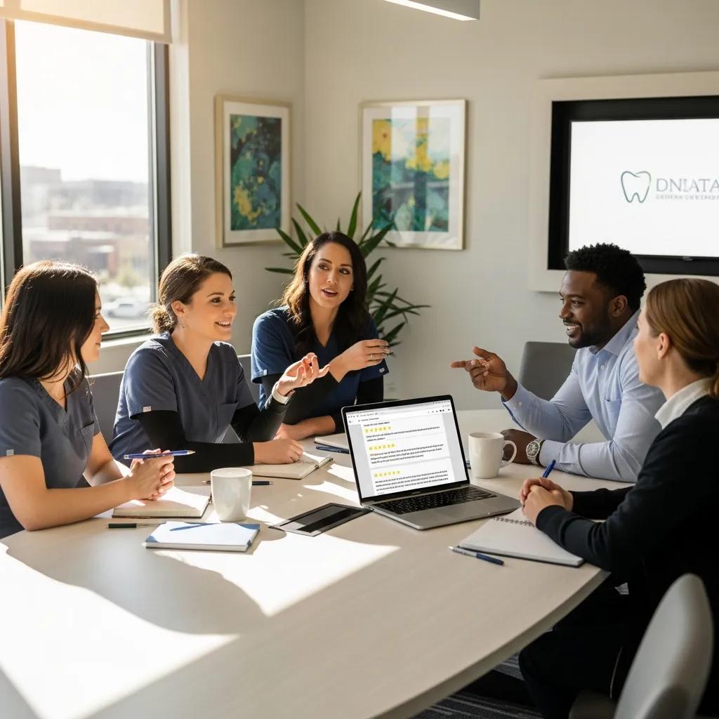 Dental team discussing patient reviews to improve online reputation