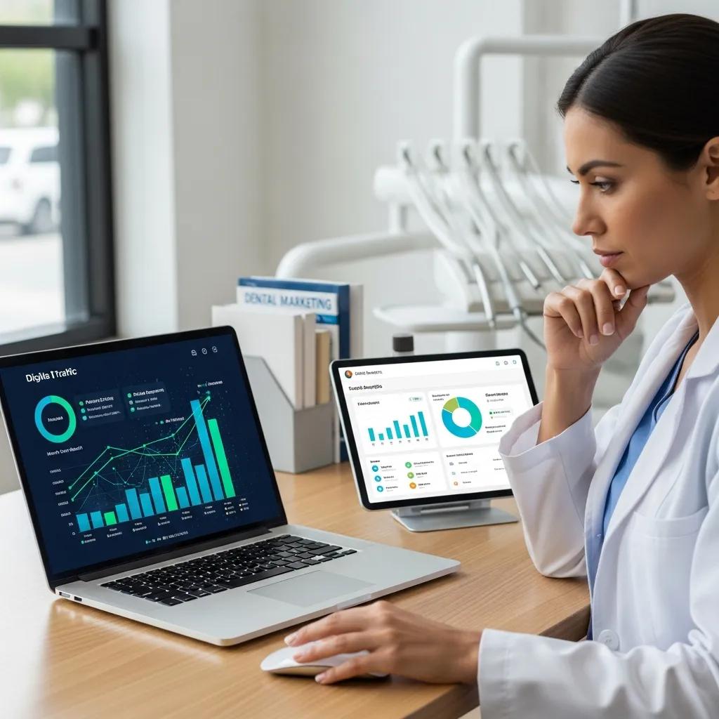 Dentist analyzing digital marketing strategies on a laptop, highlighting benefits for clinics
