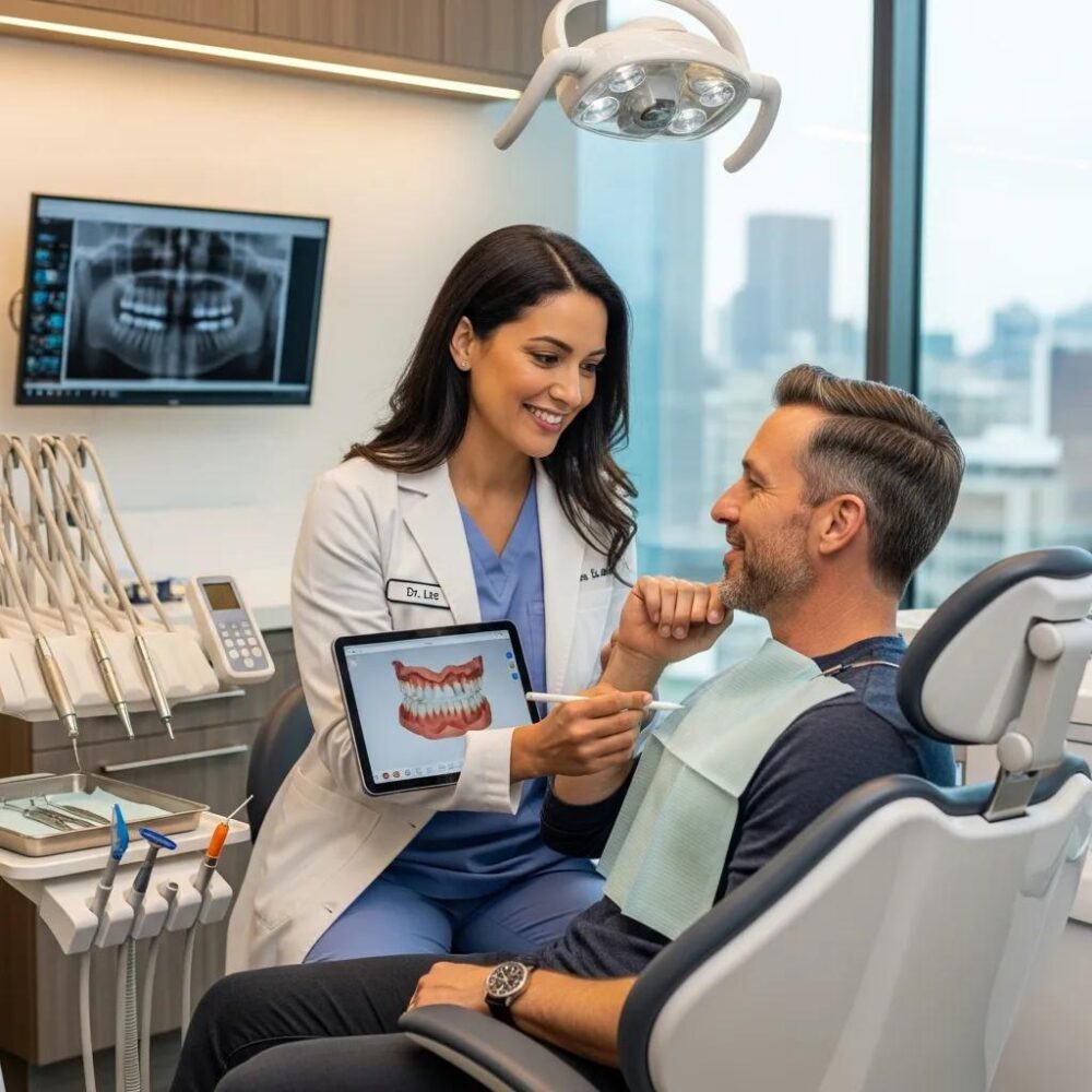 Dentist consulting with a patient in a modern dental clinic, emphasizing patient care and professionalism