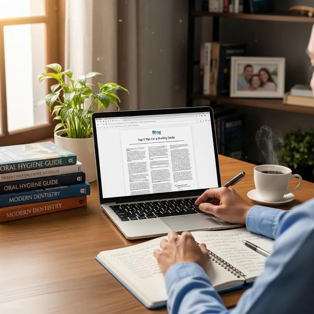 Dentist creating content for a blog, emphasizing the role of marketing in attracting local patients