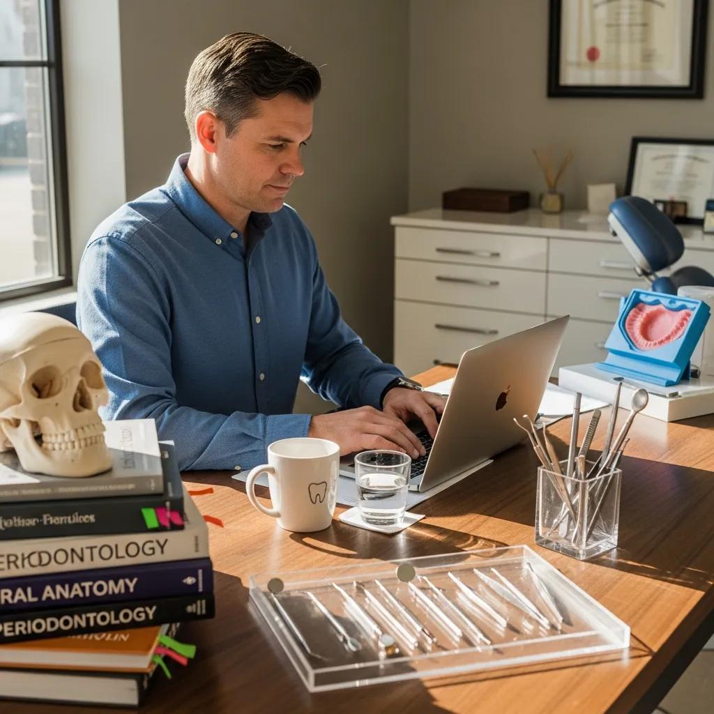 Dentist creating quality content in a workspace, highlighting the importance of engaging material for SEO