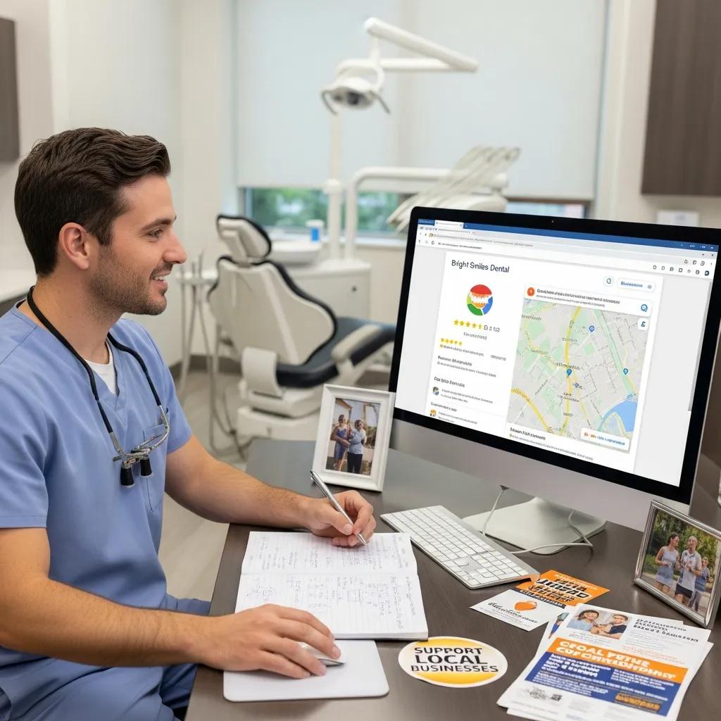 Dentist reviewing local SEO strategies with Google My Business profile visible