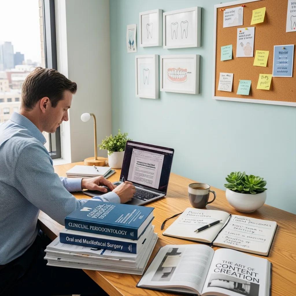 Dentist writing a blog post in a bright workspace, emphasizing the creation of quality content for patient engagement