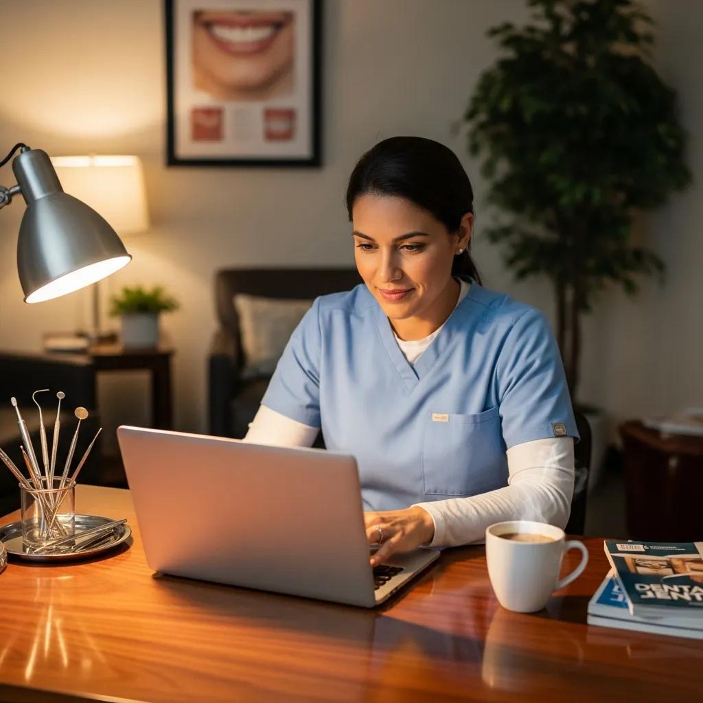 Dentist writing a blog post in a cozy office, illustrating the role of content marketing in attracting patients