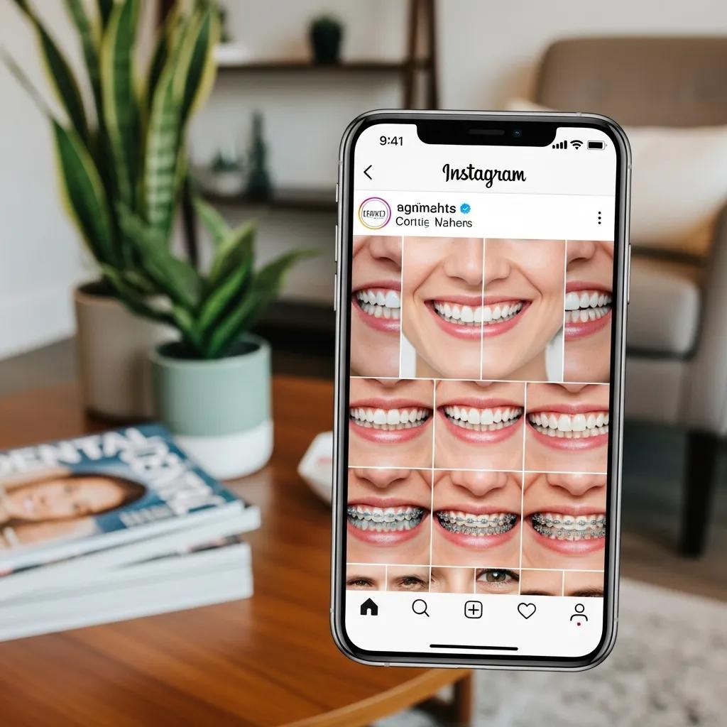 Dentist's Instagram feed on a smartphone showcasing before-and-after dental treatment photos