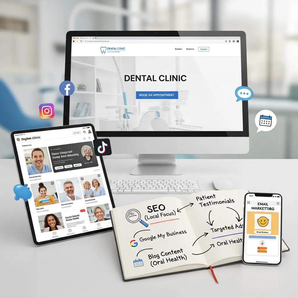 Digital marketing strategies for dental clinics, featuring a computer screen and social media icons