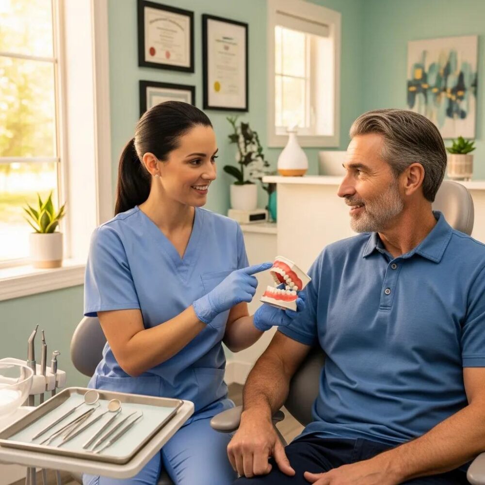 Friendly dentist showing a dental model to a relaxed patient in a welcoming dental office