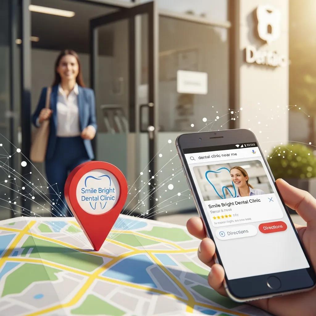 Local SEO for dental clinics, featuring a map and patient interaction to enhance visibility