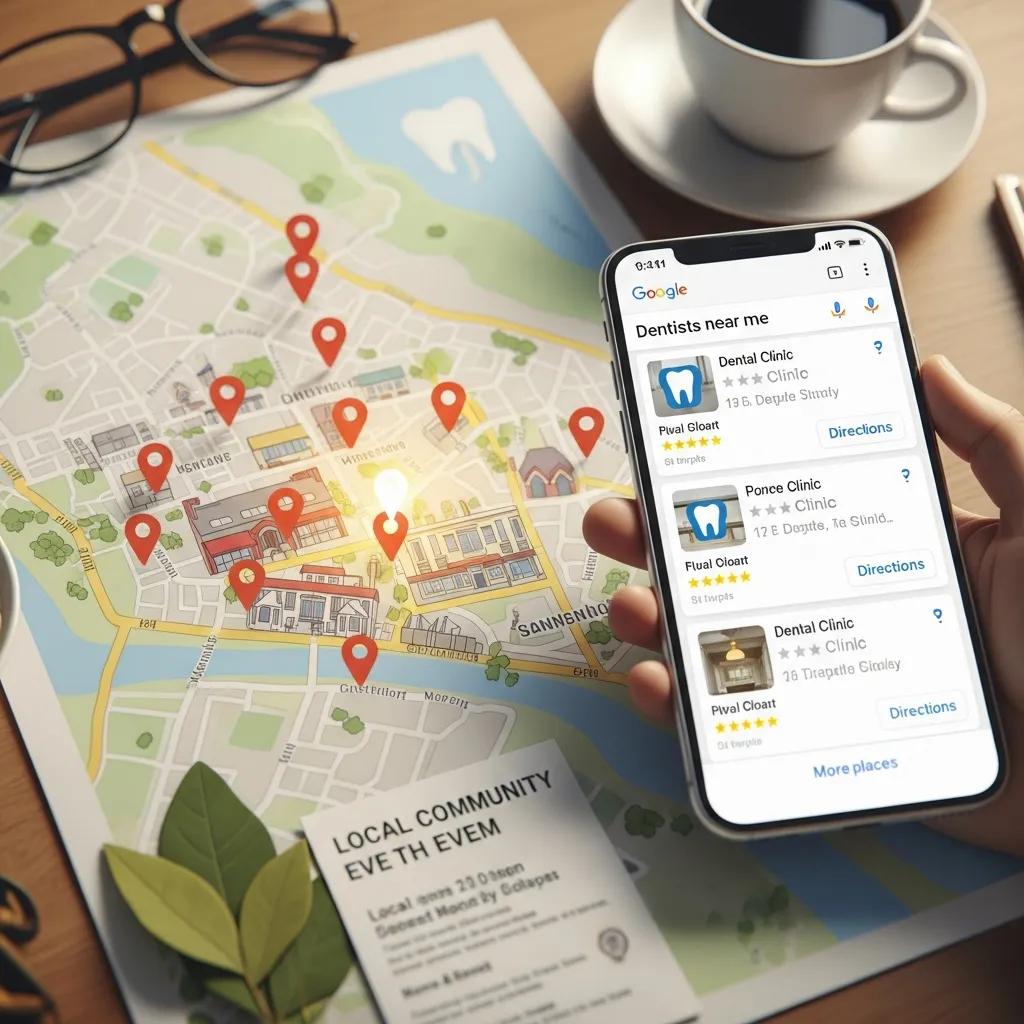 Map highlighting dental clinic locations with a smartphone search, illustrating local SEO strategies for dentists