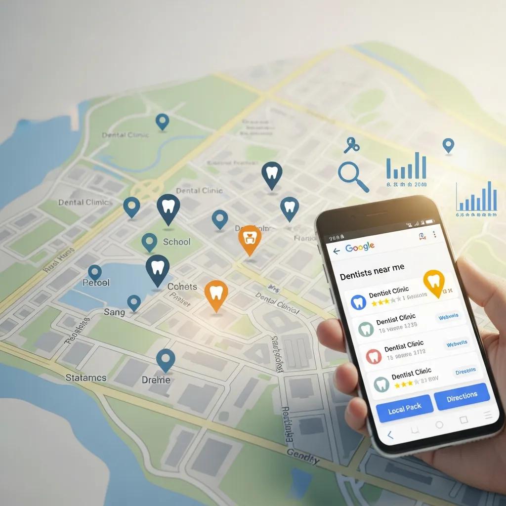 Map showing dental clinic locations and smartphone search results, highlighting local SEO strategies