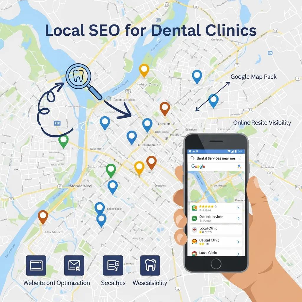 Map showing dental clinic locations with emphasis on local SEO strategies for attracting patients