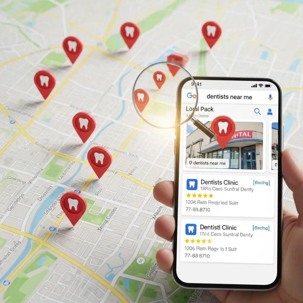Map showing dental clinics and smartphone search for local dentists