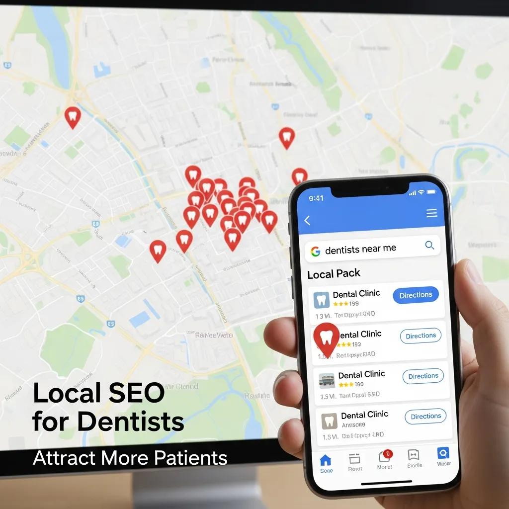 Map with dental clinic markers illustrating local SEO for dentists