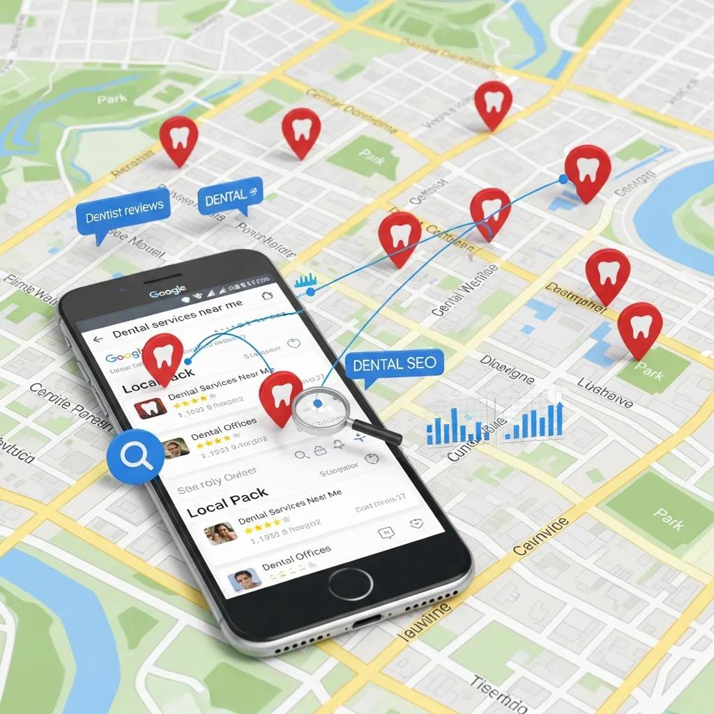 Map with dental office markers and smartphone showing local SEO search results for dental services