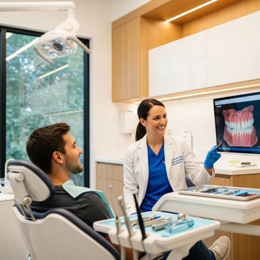 Modern dental clinic with a dentist and patient, highlighting SEO for dentists