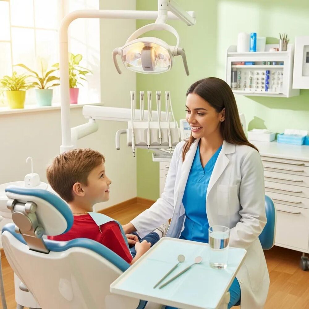 Modern dental clinic with a dentist and patient interaction, emphasizing digital marketing in dentistry