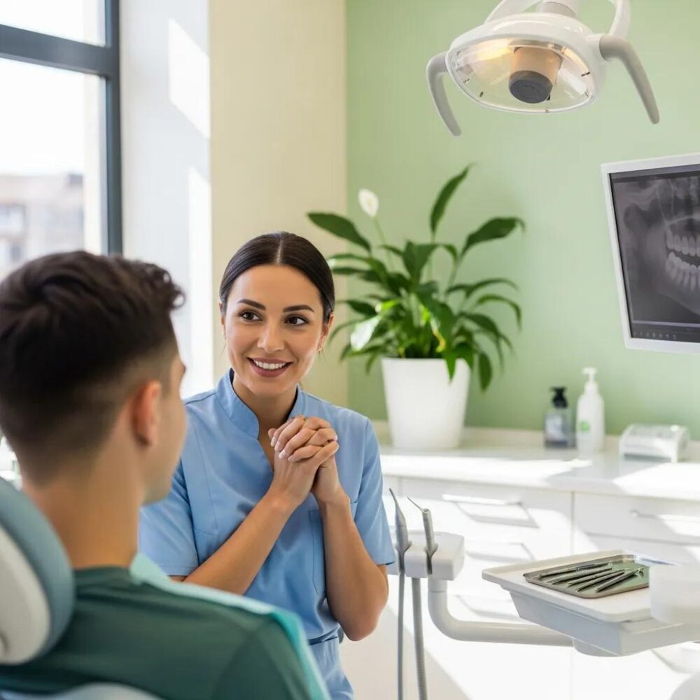 Modern dental clinic with a dentist and patient interaction, emphasizing SEO for dental practices