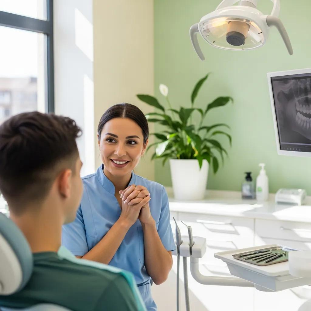 Modern dental clinic with a dentist and patient interaction, emphasizing SEO for dental practices