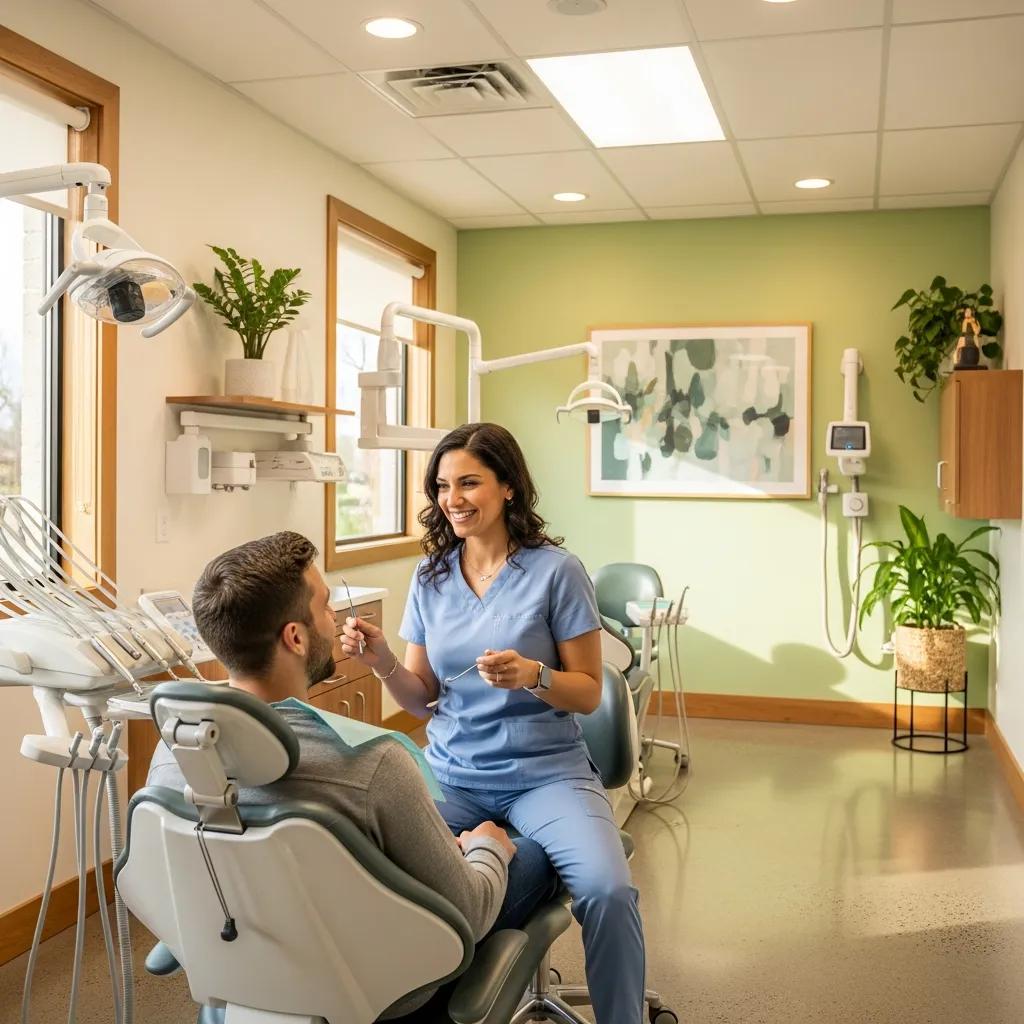 Modern dental office with a dentist and patient interaction, showcasing a welcoming environment