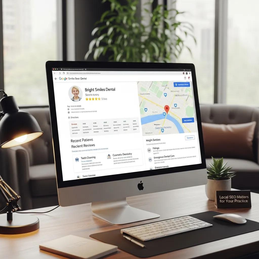 Optimized Google Meu Neg&oacute;cio profile for a dental practice, showcasing local SEO elements and patient engagement
