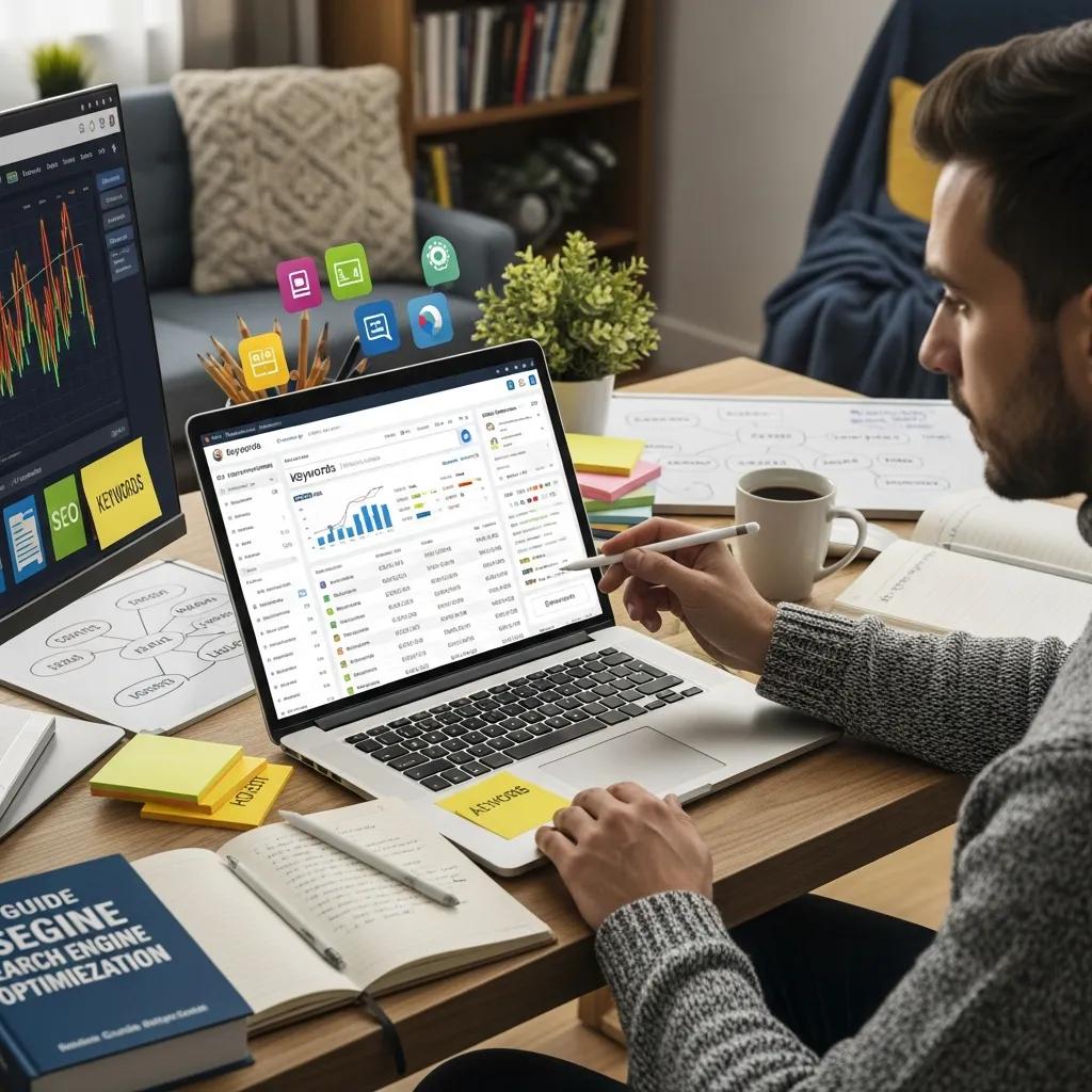 Person analyzing keywords for dental SEO in a cozy workspace, highlighting keyword selection strategies