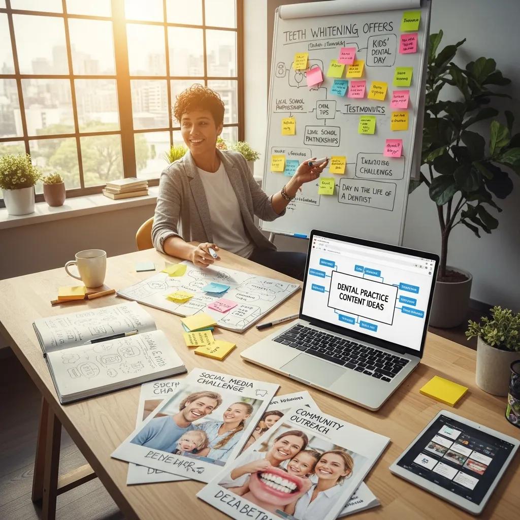 Person brainstorming content strategies for a dental practice in a creative workspace