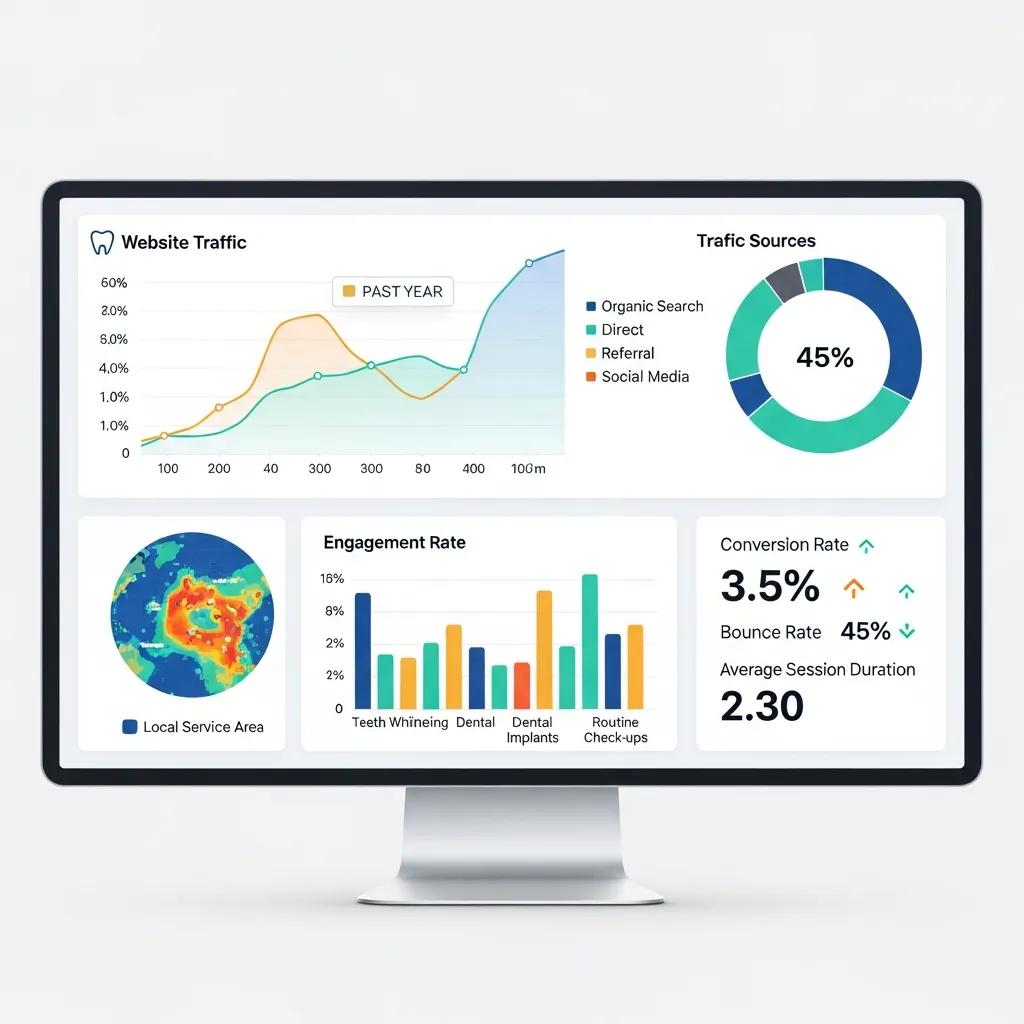 SEO performance dashboard for a dental clinic, showcasing key metrics and analytics for local SEO success